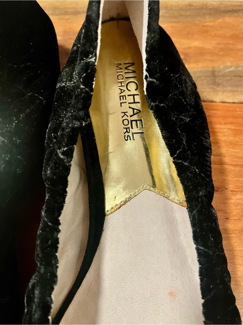 Michael Kors Black Velvet Ballet Flats with Gold MK Emblems Sz 7M
